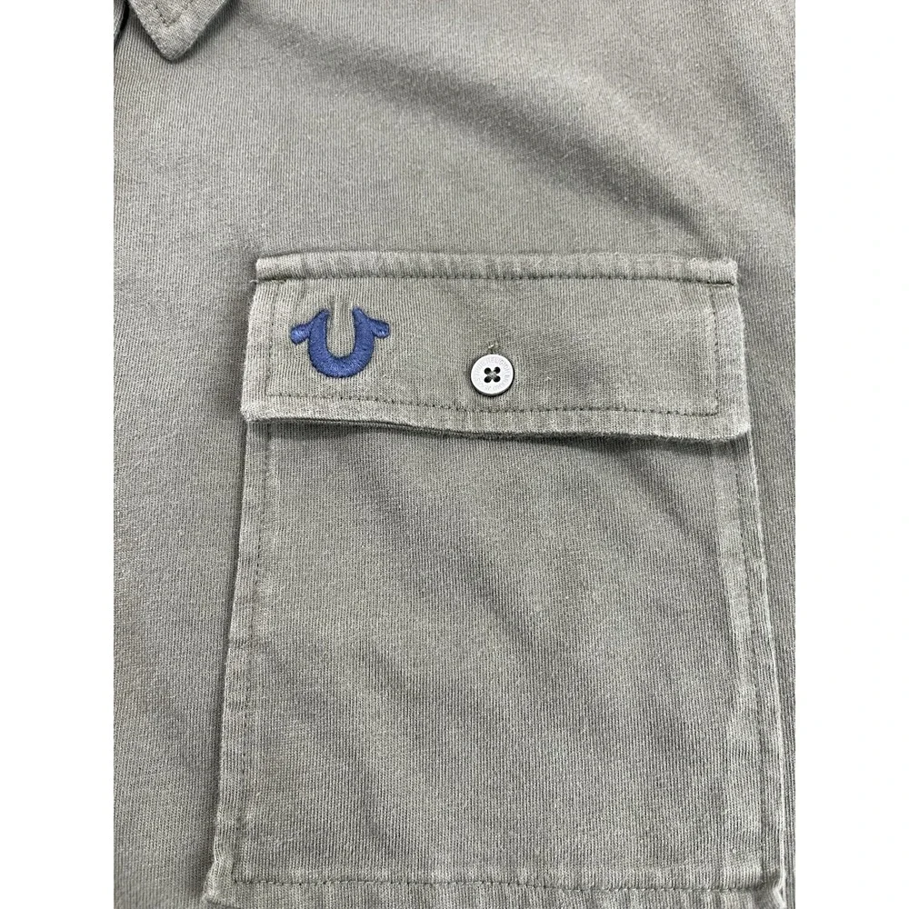 True Religion Triple Needle Knit Shirt Men XL Olive Two Chest Pocket Button Up